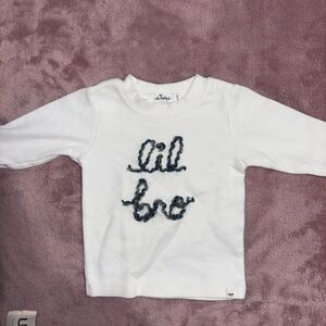 White Long-Sleeve Kids Top with Navy Script